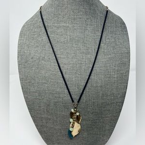 Boho Necklace,‎ long, suede, leaf, abstract, bead, bohemian, metallic, gold
